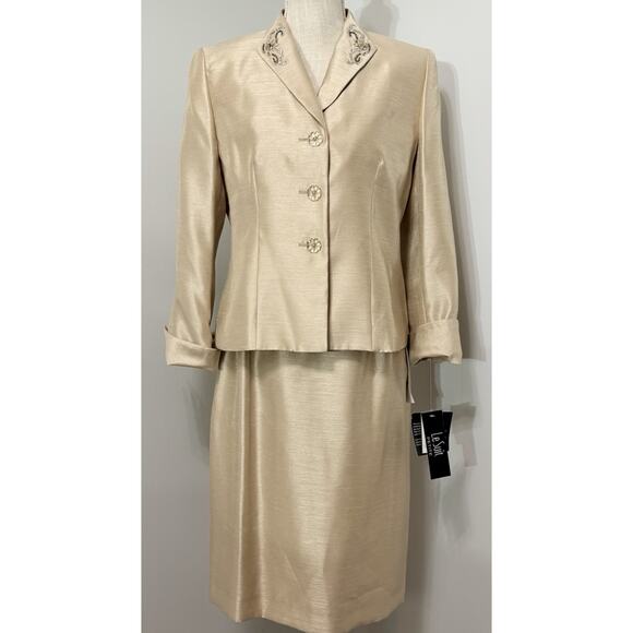 NEW Le Suit Skirt Suit Size 10P Champagne Tan Jacket & Skirt Set NWT $200 - Picture 1 of 4